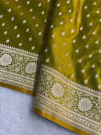 Banarasi Mashru Satin Silk Saree Booti Pattern Mahndi Gold Shades MSK25