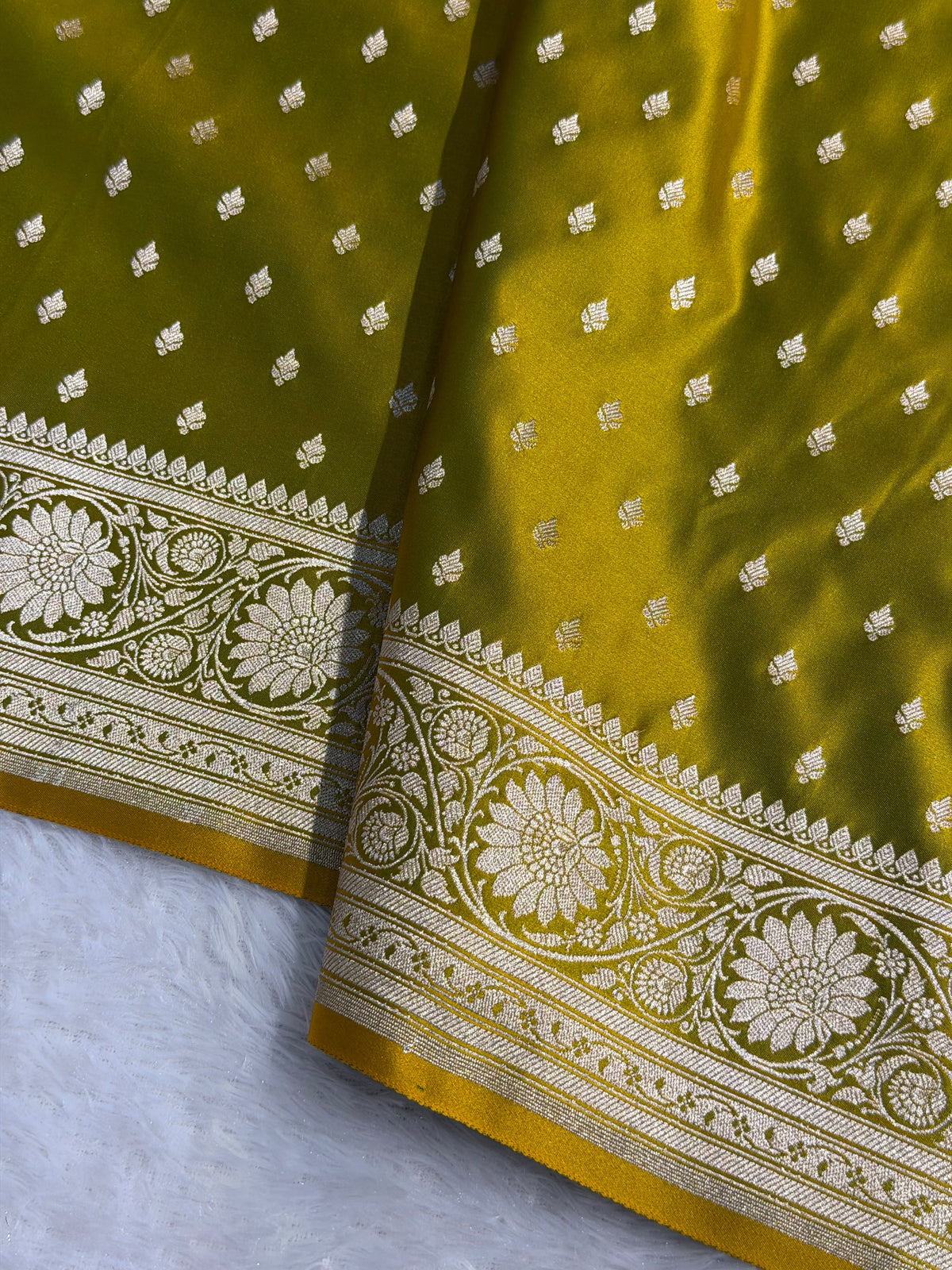 Banarasi Mashru Satin Silk Saree Booti Pattern Mahndi Gold Shades MSK25