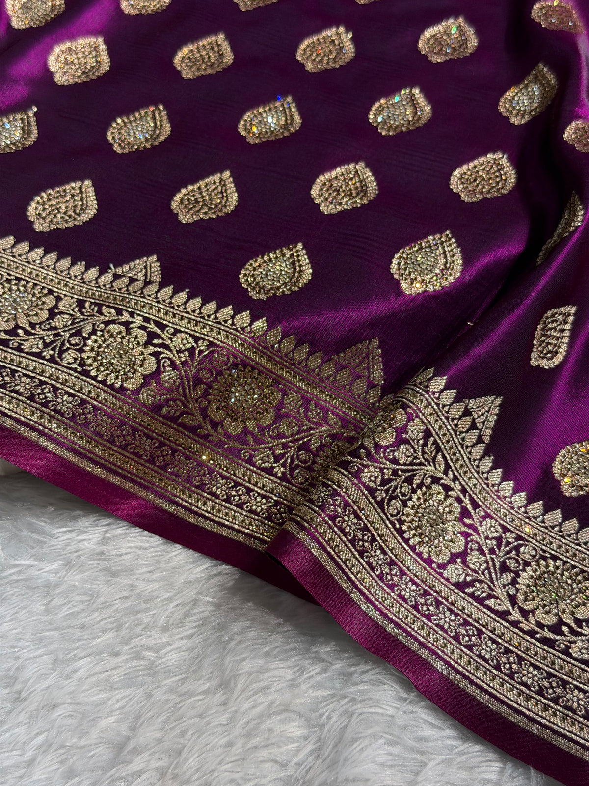 Banarasi Satin Silk Saree Booti Pattern With Swarovski Stone Work in Wine Shades BSS13