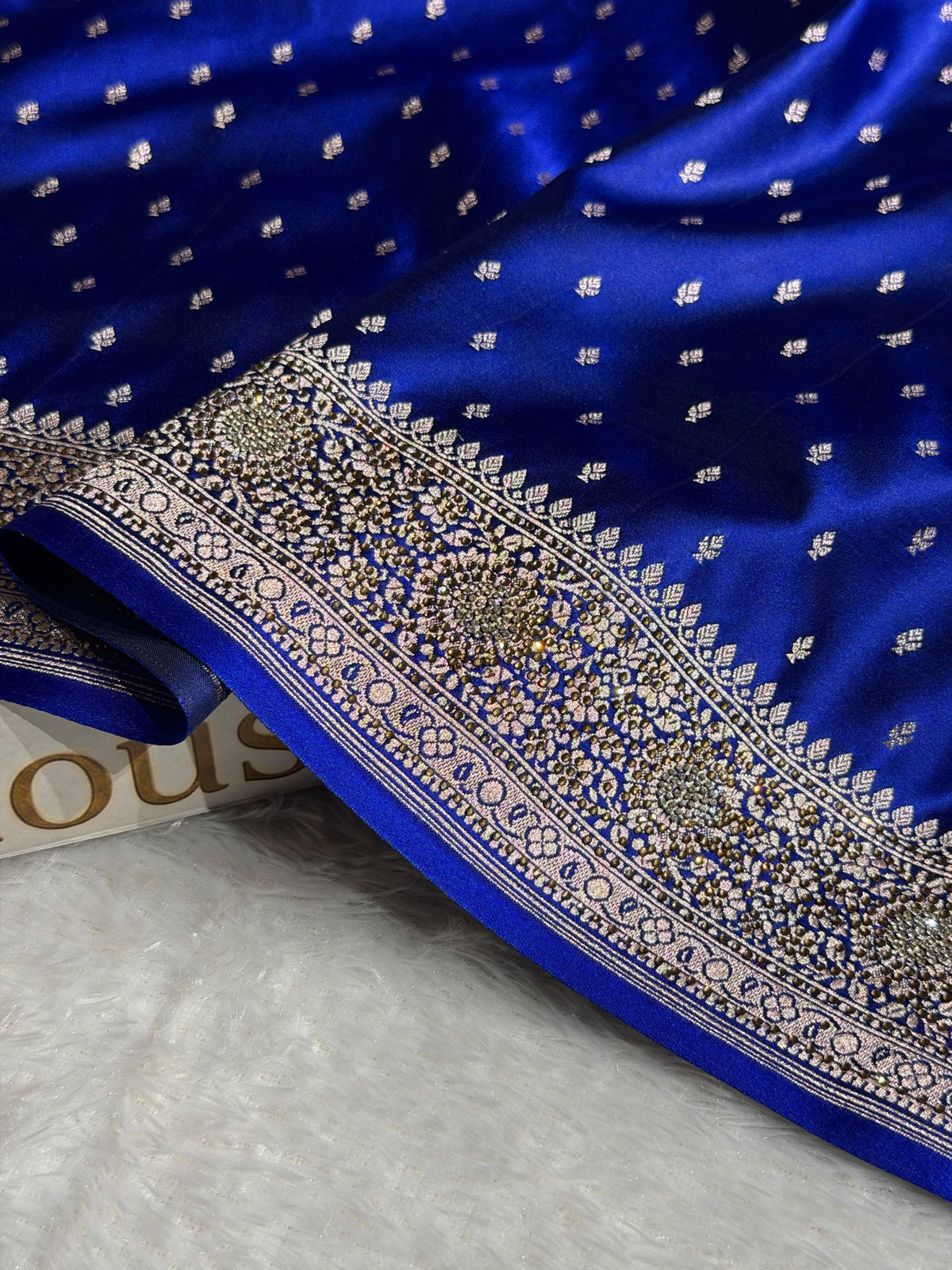 Banarasi Mashru Satin Silk Saree Booti Pattern With Swarovski Stone Work in Royal Blue Shades BMSK18