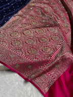 Banarasi Mashru Satin Silk Saree Tanchoi Pattern in Swarovski Work in Contrast Navy Blue with Pink Shades BMSC04