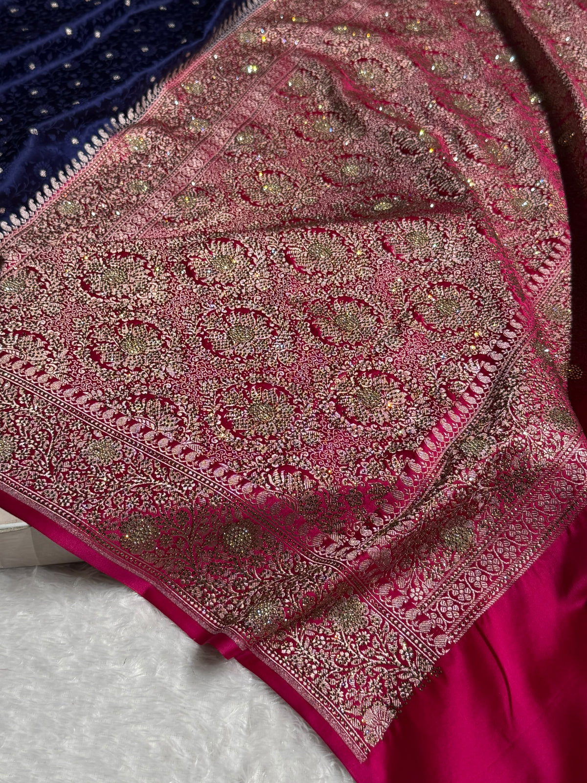 Banarasi Mashru Satin Silk Saree Tanchoi Pattern in Swarovski Work in Contrast Navy Blue with Pink Shades BMSC04