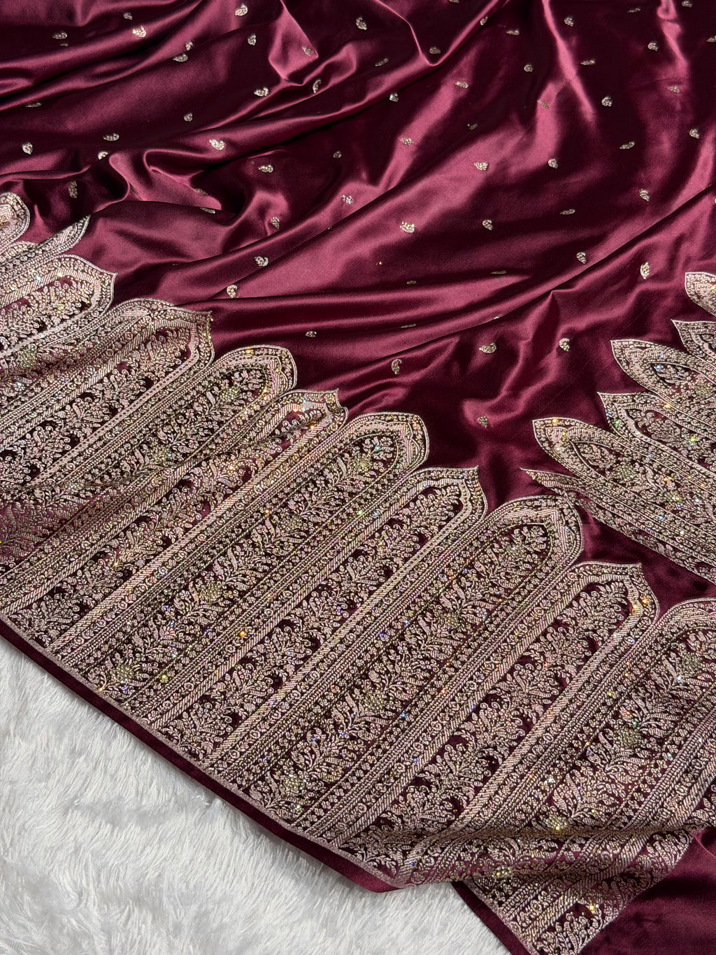 Bridal Banarasi Mashru Satin Silk Saree Skirt Pattern with Swarovski Work in Deep Maroon Shades BMSC02