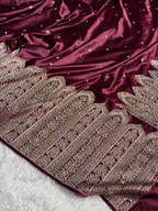 Bridal Banarasi Mashru Satin Silk Saree Skirt Pattern with Swarovski Work in Deep Maroon Shades BMSC02