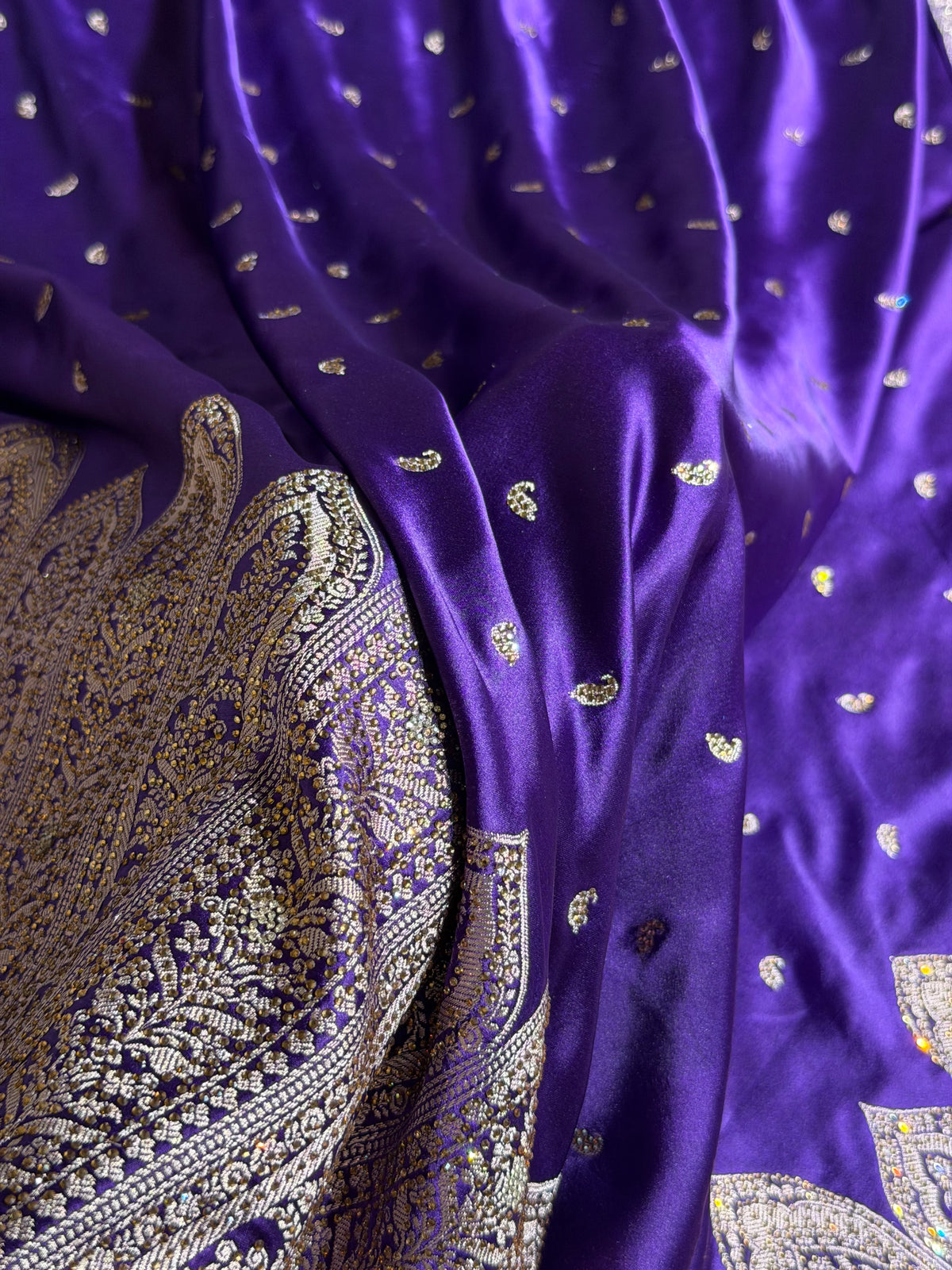 Bridal Banarasi Mashru Satin Silk Saree Skirt Pattern with Swarovski Work in Purple Shades BMSC02