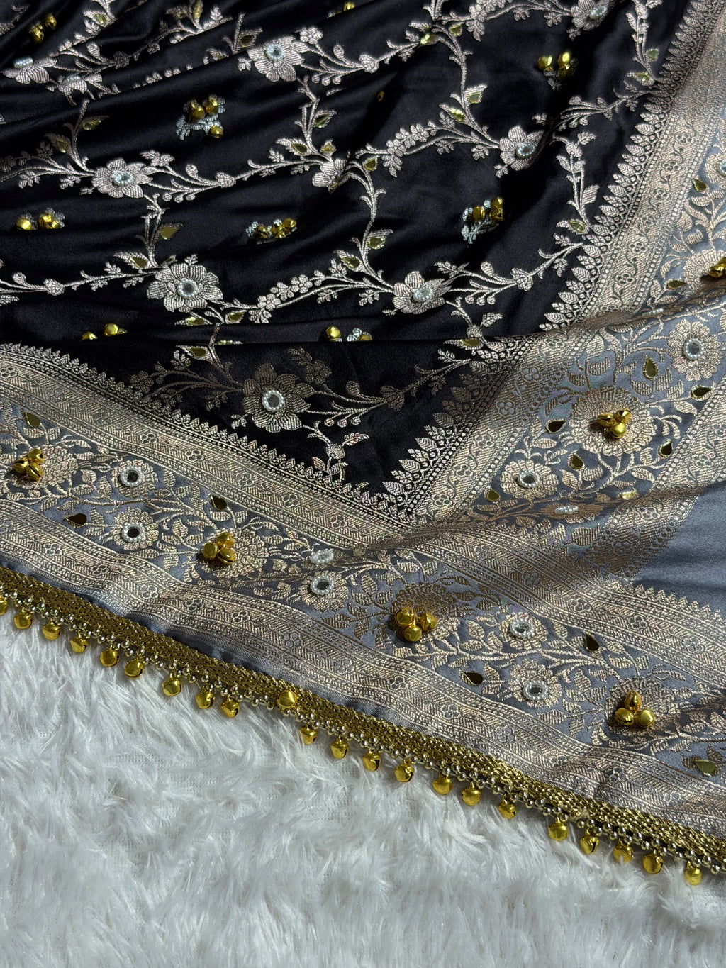 Banarasi Mashru Satin Silk Saree with Ghungroo & Mirror work Minakari Floral Jaal Pattern In Black With Grey Shades BMSC14