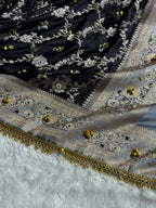 Banarasi Mashru Satin Silk Saree with Ghungroo & Mirror work Minakari Floral Jaal Pattern In Black With Grey Shades BMSC14