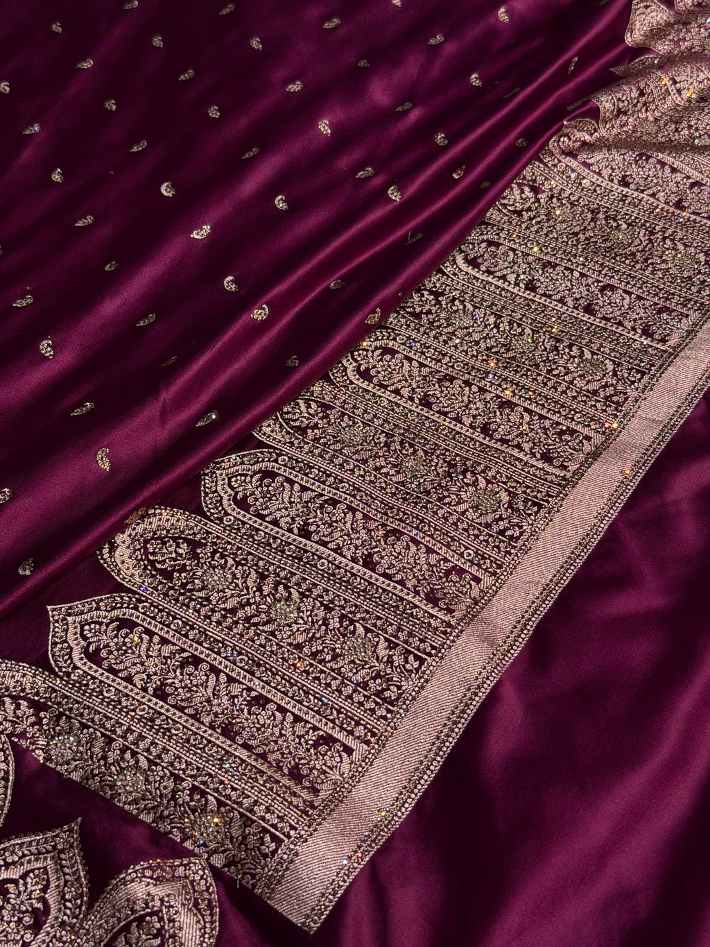 Bridal Banarasi Mashru Satin Silk Saree Skirt Pattern with Swarovski Work in Wine Shades BMSC02