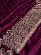 Bridal Banarasi Mashru Satin Silk Saree Skirt Pattern with Swarovski Work in Wine Shades BMSC02