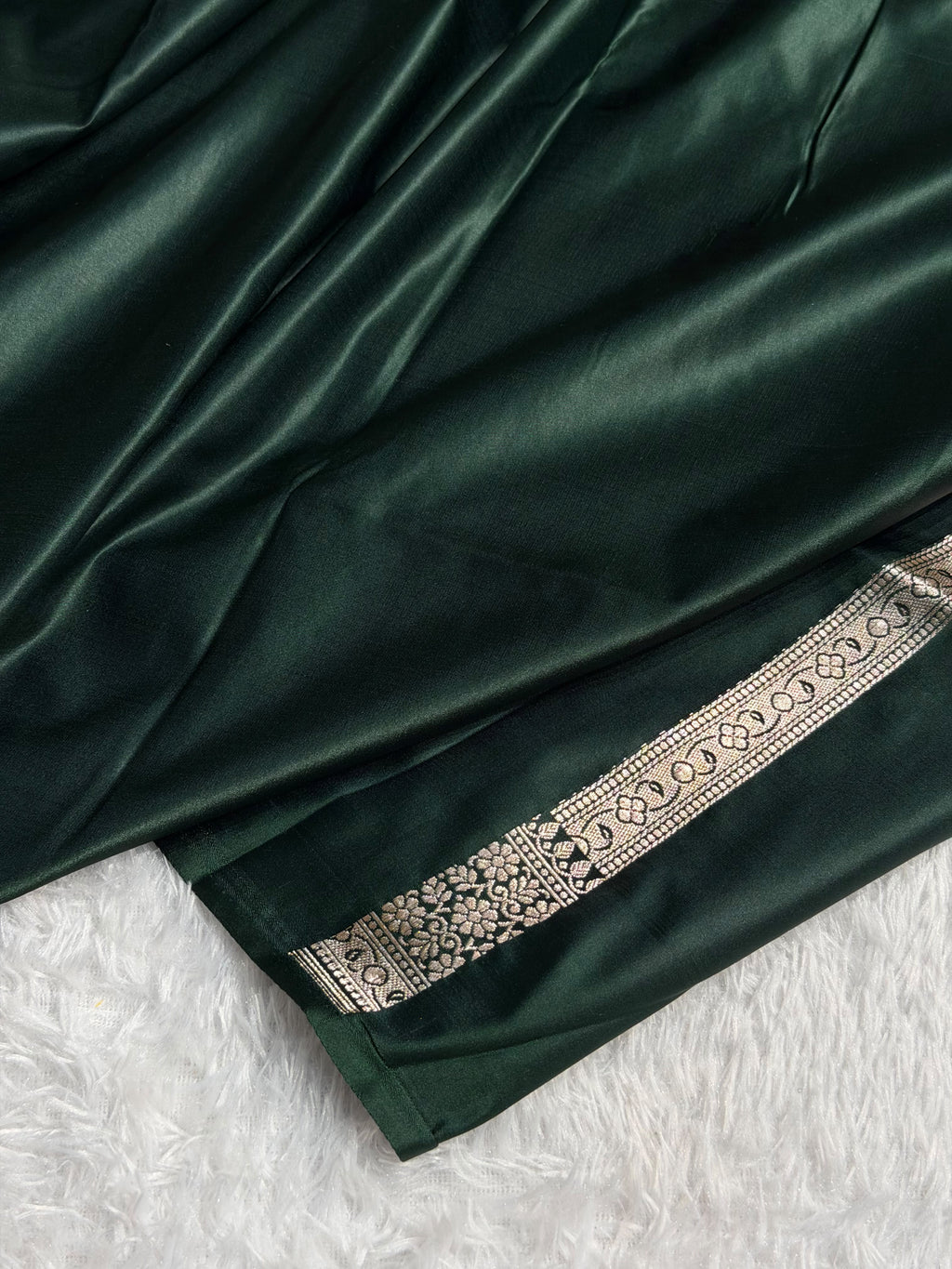 Banarasi Mashru Satin Silk Saree Booti Pattern Dark Bottle Green Shades MSK18