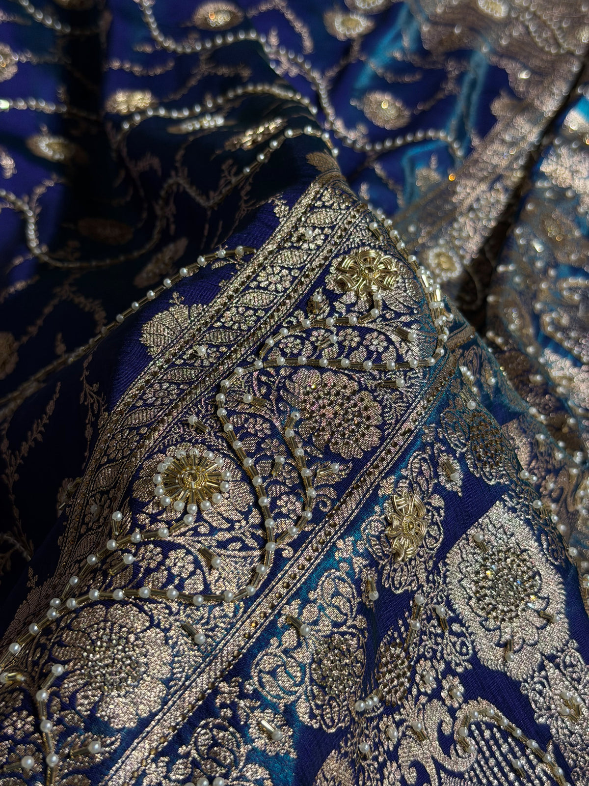 Banarasi Satin Silk Saree With Pearl Aari Work Jaal Pattern in Peacock Shades BSS12
