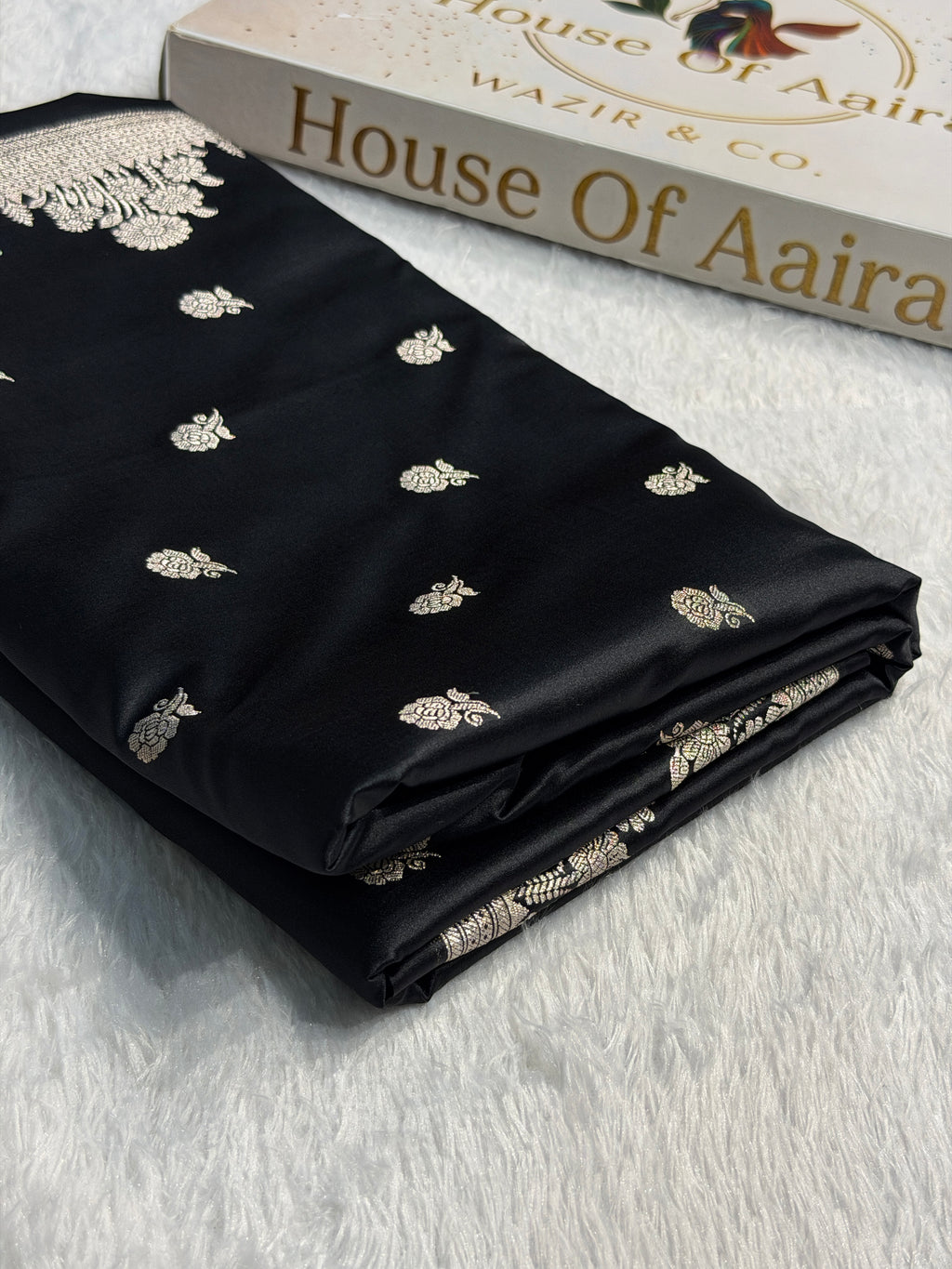 Banarasi Mashru Satin Silk Saree In Booti Pattern With Black Shades MSC01
