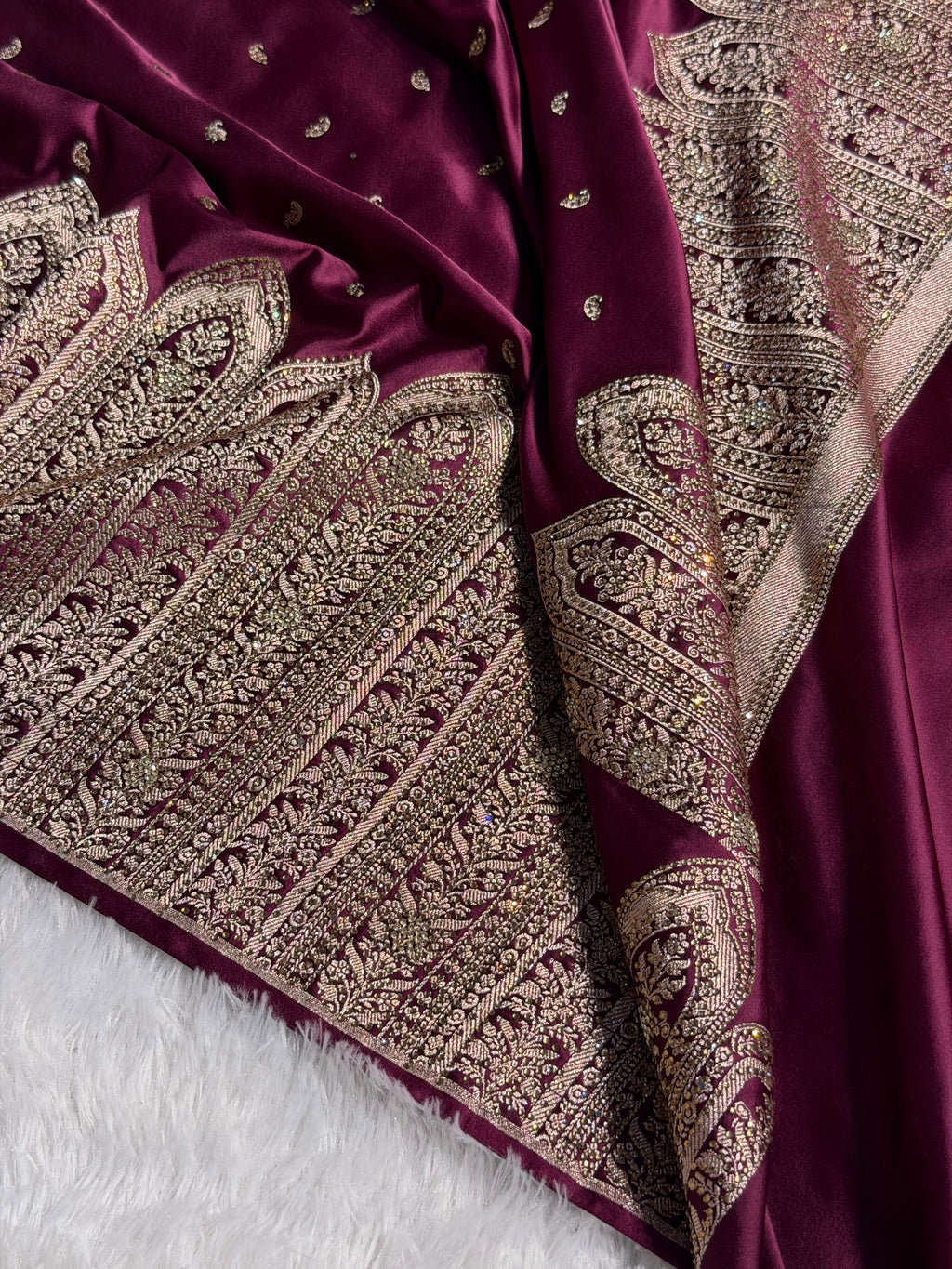 Bridal Banarasi Mashru Satin Silk Saree Skirt Pattern with Swarovski Work in Wine Shades BMSC02