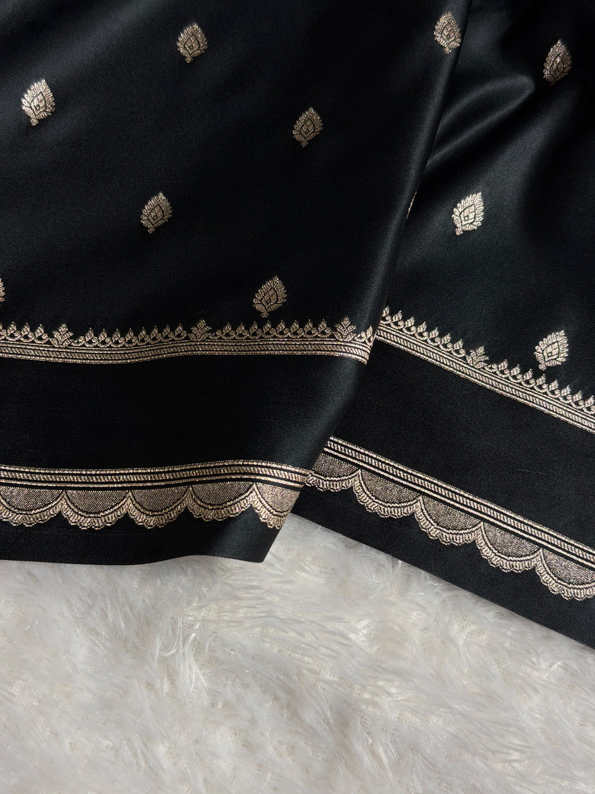 Banarasi Satin Katan Silk Saree Booti Pattern in Black Shades SK03