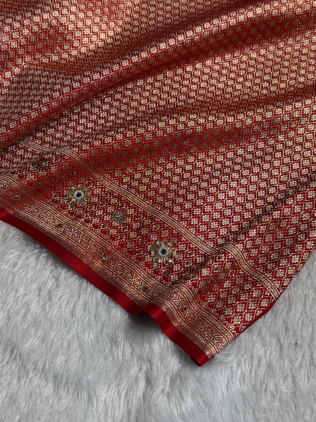 Banarasi Satin Katan Silk Saree with Ari Zardozi Handwork Striped Pattern in Red Shades BSK06