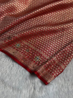Banarasi Satin Katan Silk Saree with Ari Zardozi Handwork Striped Pattern in Red Shades BSK06