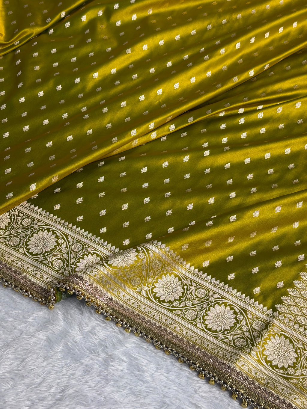Banarasi Mashru Satin Silk Saree Booti Pattern with Ghungroo Gotta Patti Work Mahndi Gold Shades MSKGP25