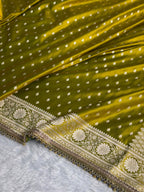 Banarasi Mashru Satin Silk Saree Booti Pattern with Ghungroo Gotta Patti Work Mahndi Gold Shades MSKGP25
