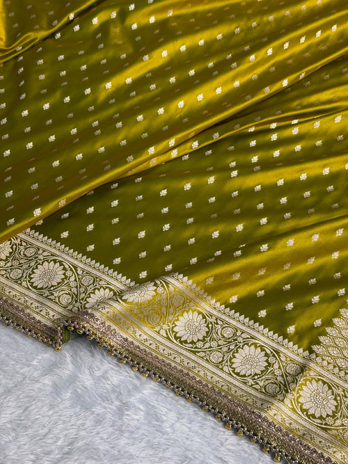Banarasi Mashru Satin Silk Saree Booti Pattern with Ghungroo Gotta Patti Work Mahndi Gold Shades MSKGP25