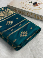 Banarasi Satin Katan Silk Saree Striped Pattern in Peacock Shades SK06
