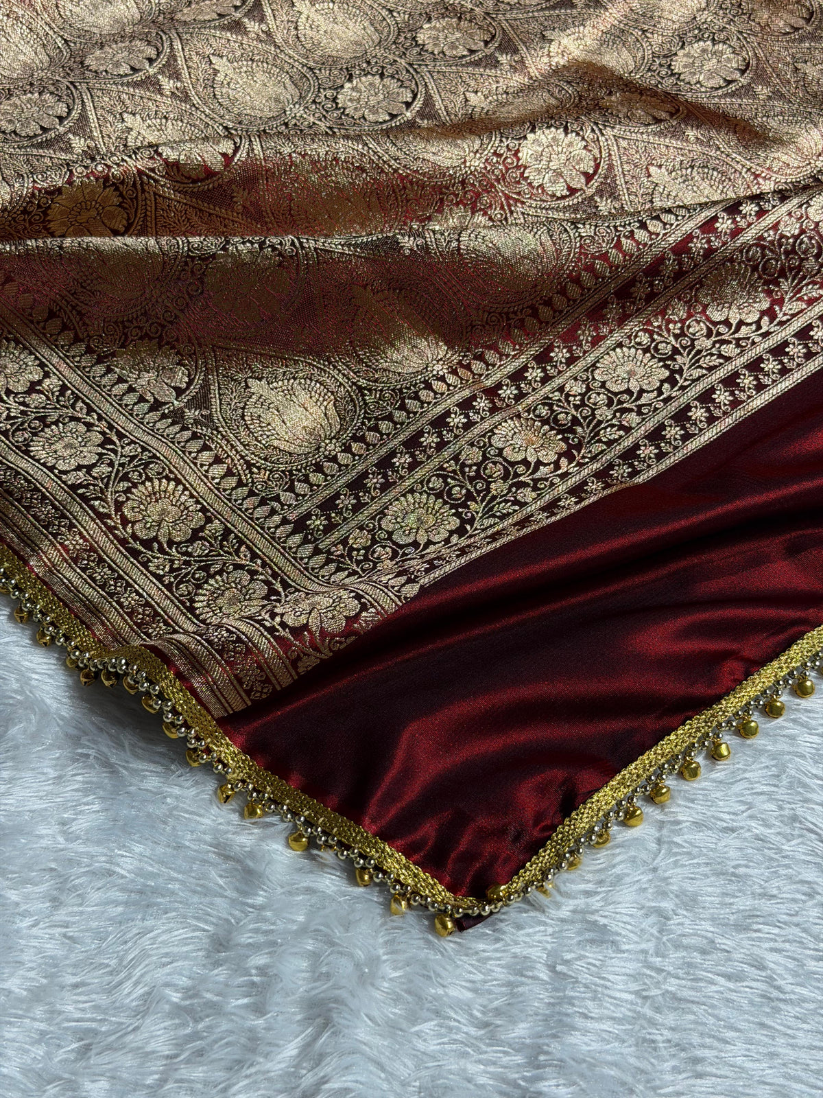 Banarasi Satin Silk Saree Booti Pattern With Ghungroo Gotta Patti Work in Maroon Shades SSGP02