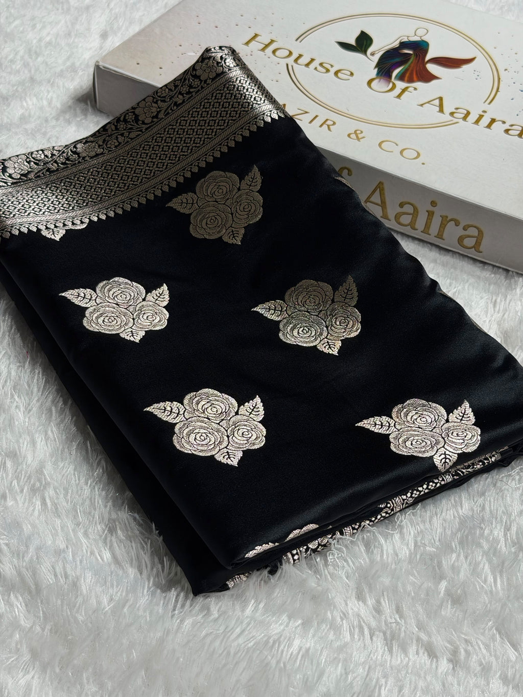 Banarasi Mashru Satin Silk Saree Boota Pattern Black Shades MSK15