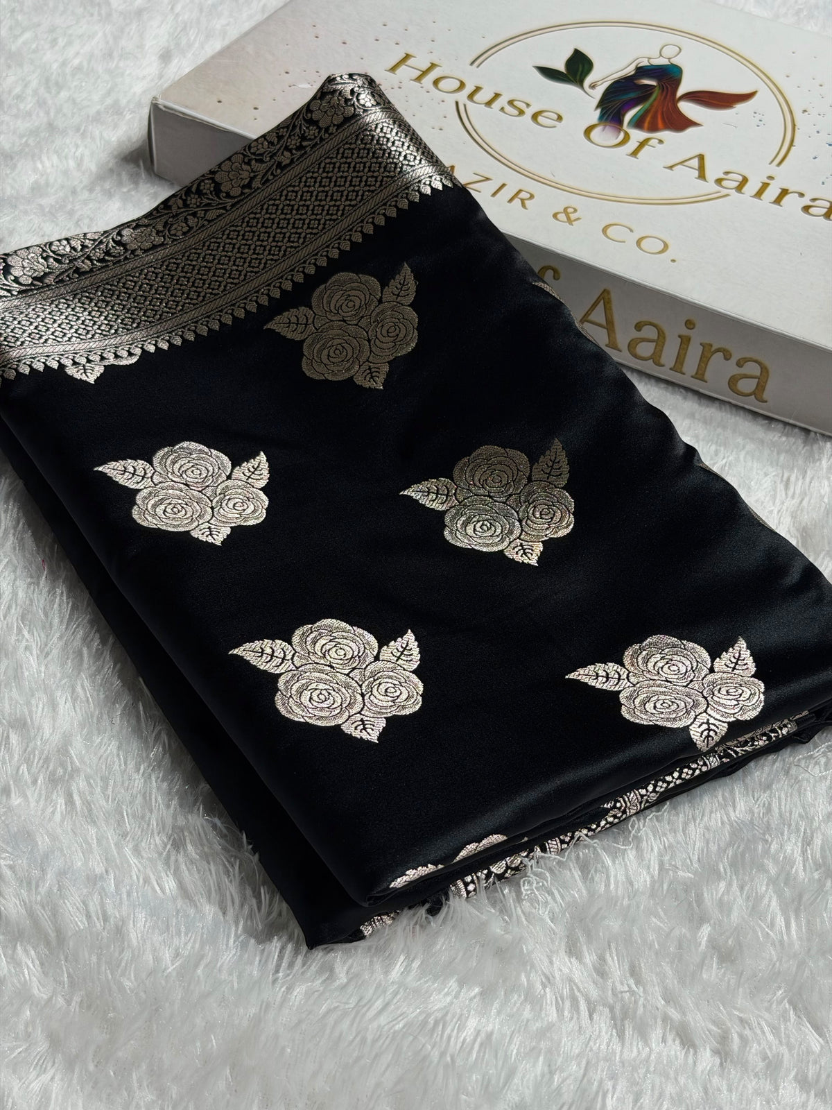 Banarasi Mashru Satin Silk Saree Boota Pattern Black Shades MSK15
