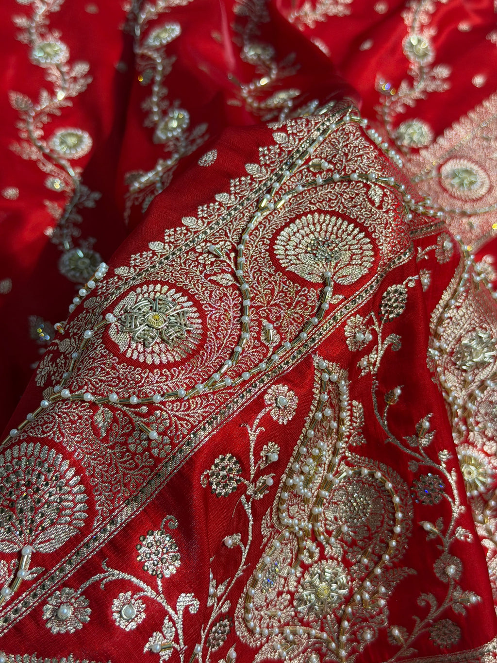 Bridal Satin Silk Saree With Zardozi Pearl Work Cross Pattern Red Shades BSS01