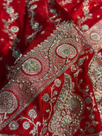 Bridal Satin Silk Saree With Zardozi Pearl Work Cross Pattern Red Shades BSS01