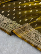 Banarasi Satin Silk Saree Cross Pattern in Mahndi Gold Shades SS02