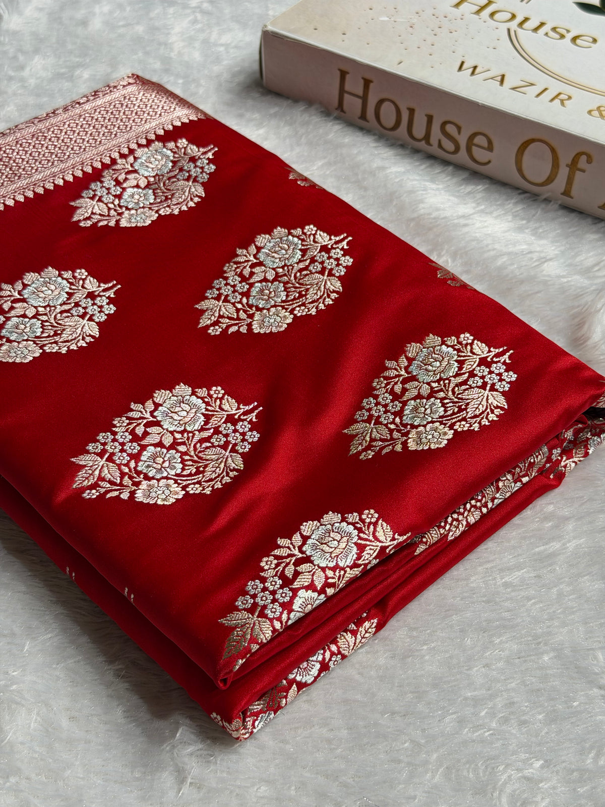 Banarasi Mashru Satin Silk Saree Minakari Boota Pattern In Red Shades MSK37