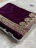 Banarasi Mashru Satin Silk Saree with Aari Zardozi Work Plain Pattern in Deep Magenta Shades BMSK37