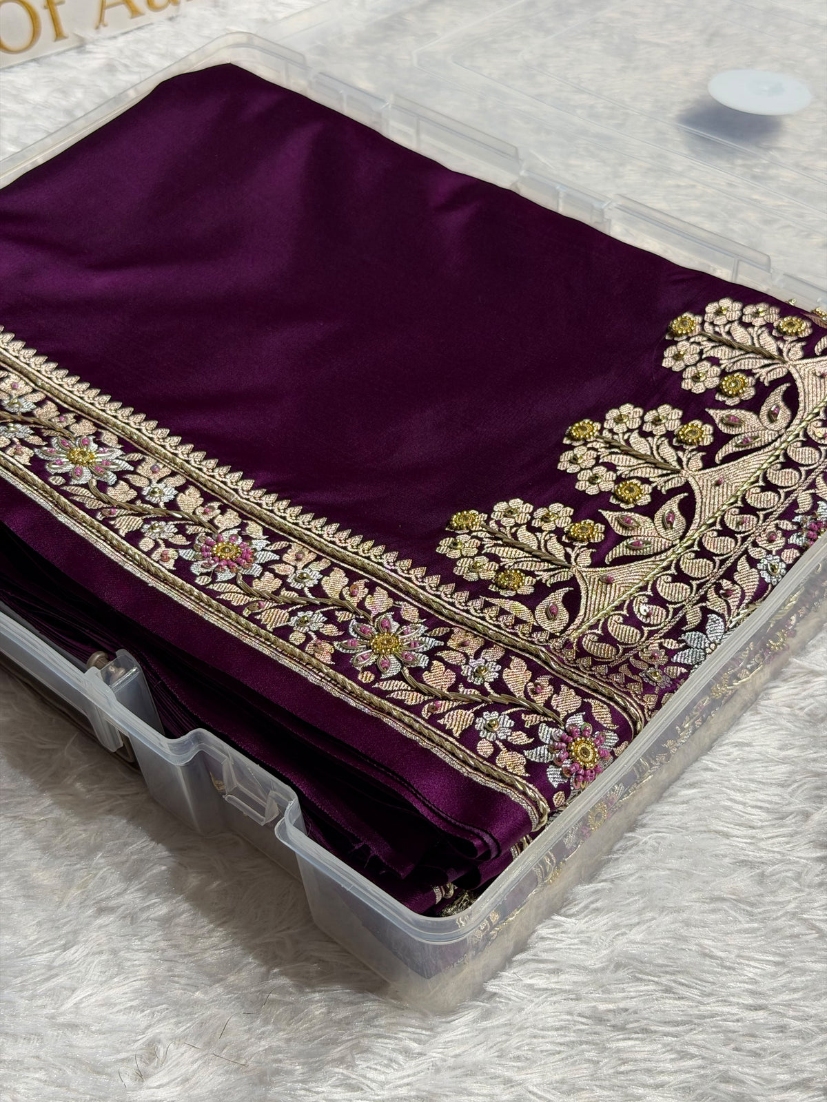 Banarasi Mashru Satin Silk Saree with Aari Zardozi Work Plain Pattern in Deep Magenta Shades BMSK37