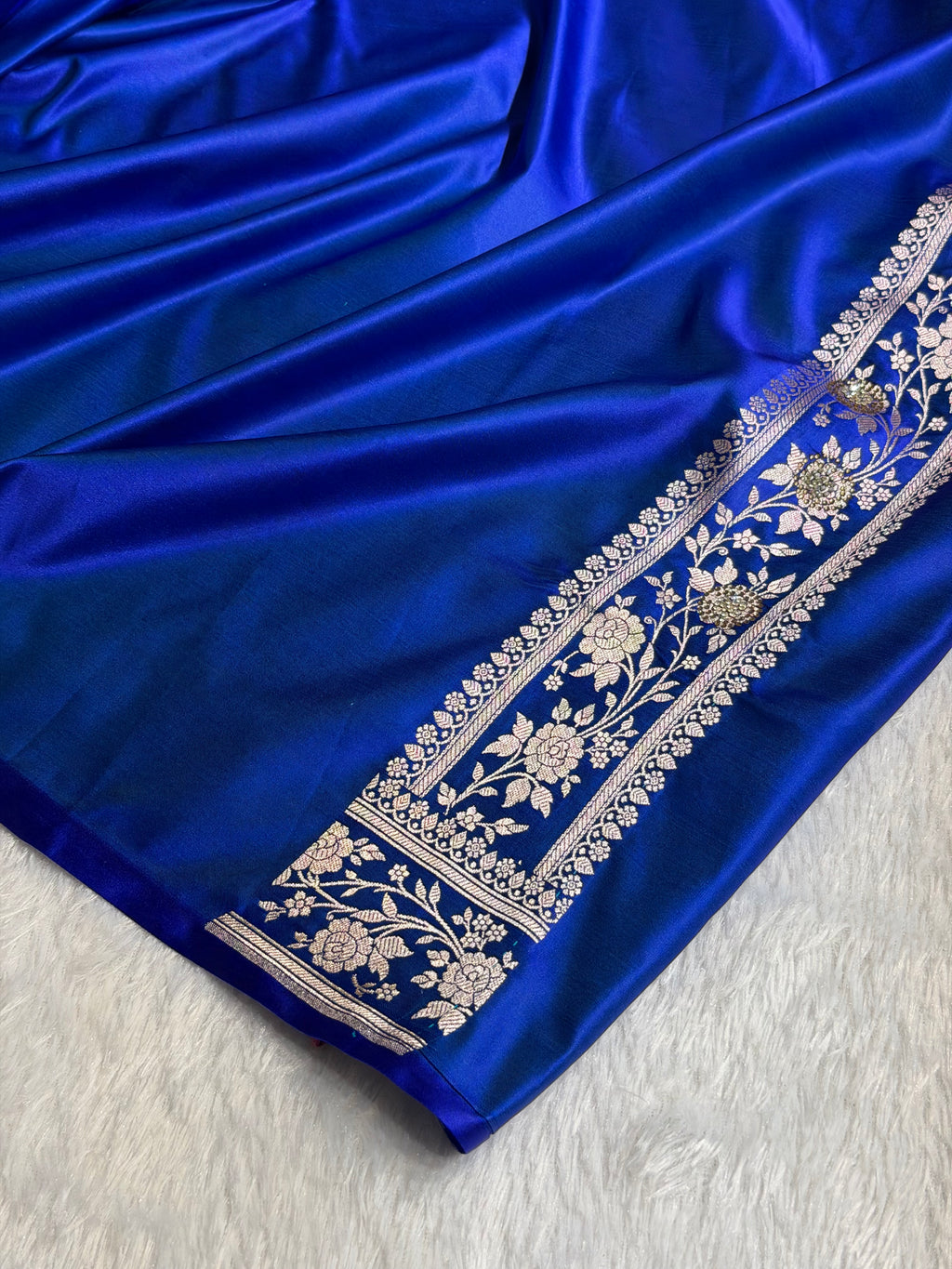 Bridal Mashru Satin Silk Saree With Swarovski Work Cross Pattern Royal Blue Shades BMSK12