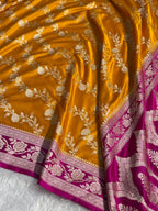 Banarasi Contrast Mashru Satin Silk Saree Floral Cross Pattern In Mustard & Rani Shades MSC16