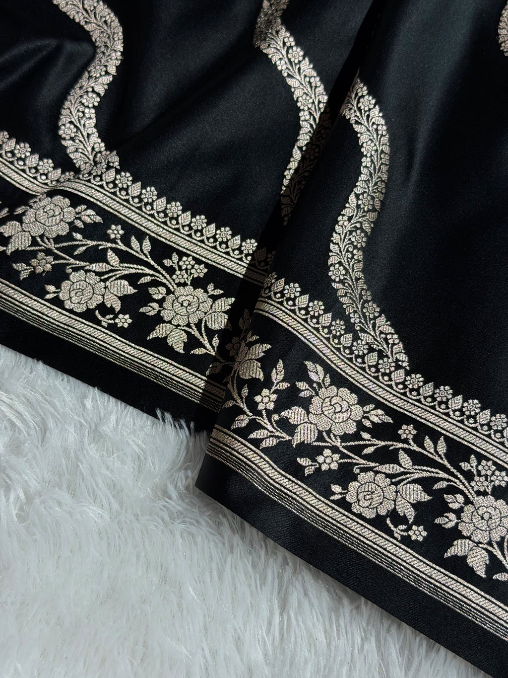 Banarasi Mashru Satin Silk Saree Cross Pattern Black Shades MSK12