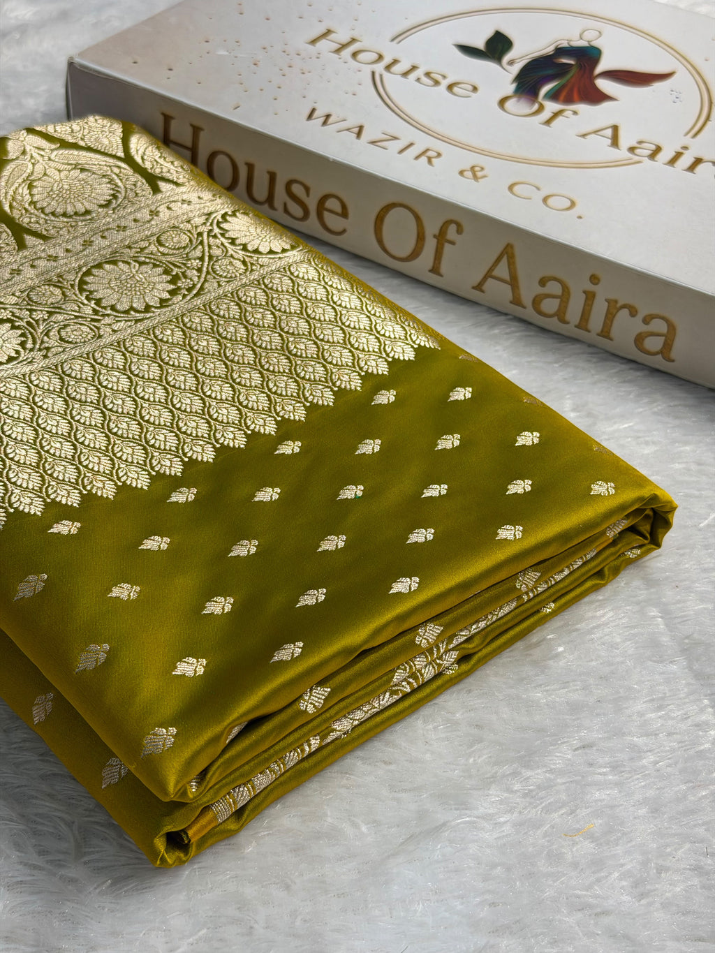 Banarasi Mashru Satin Silk Saree Booti Pattern Mahndi Gold Shades MSK25