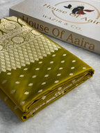 Banarasi Mashru Satin Silk Saree Booti Pattern Mahndi Gold Shades MSK25