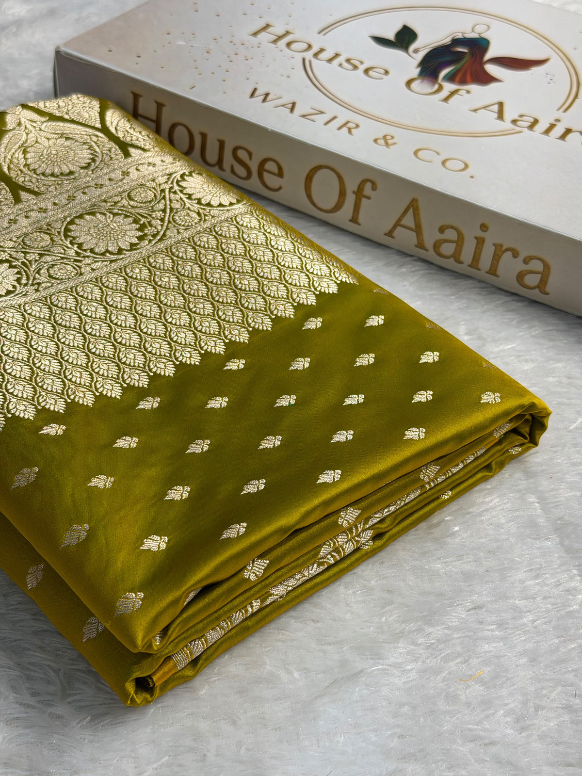Banarasi Mashru Satin Silk Saree Booti Pattern Mahndi Gold Shades MSK25