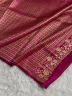 Banarasi Satin Katan Silk Saree Plain Body Pattern in Contrast Cross Navy Blue with Rani Shades SK05