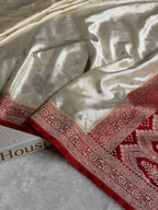 Banarasi Mashru Satin Silk Saree Floral Jaal Pattern In Contrast Cream with Red Shades MSC13