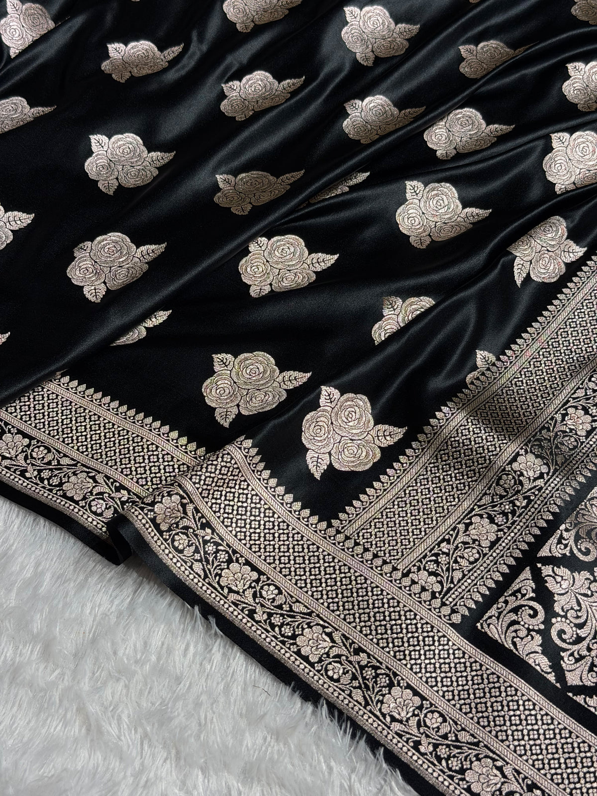 Banarasi Mashru Satin Silk Saree Boota Pattern Black Shades MSK15