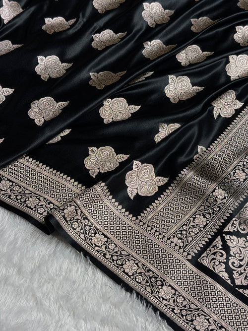 Banarasi Mashru Satin Silk Saree Boota Pattern Black Shades MSK15