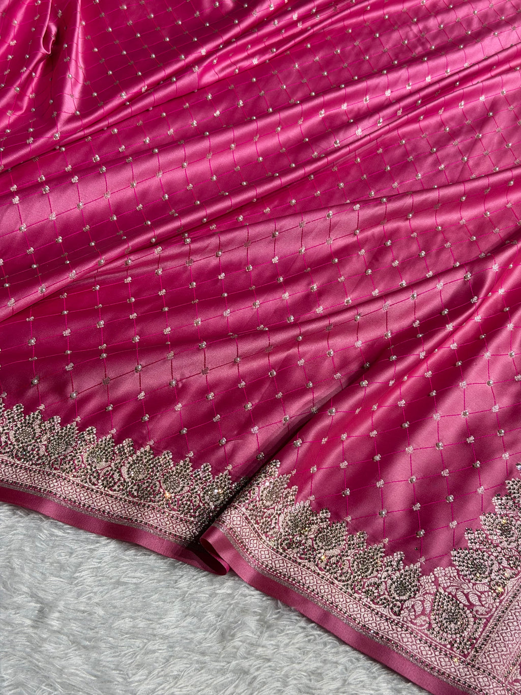 Banarasi Mashru Satin Silk Saree With Pearls & Swarovski Stone work Tanchoi Pattern Baby Pink Shades BMSK20