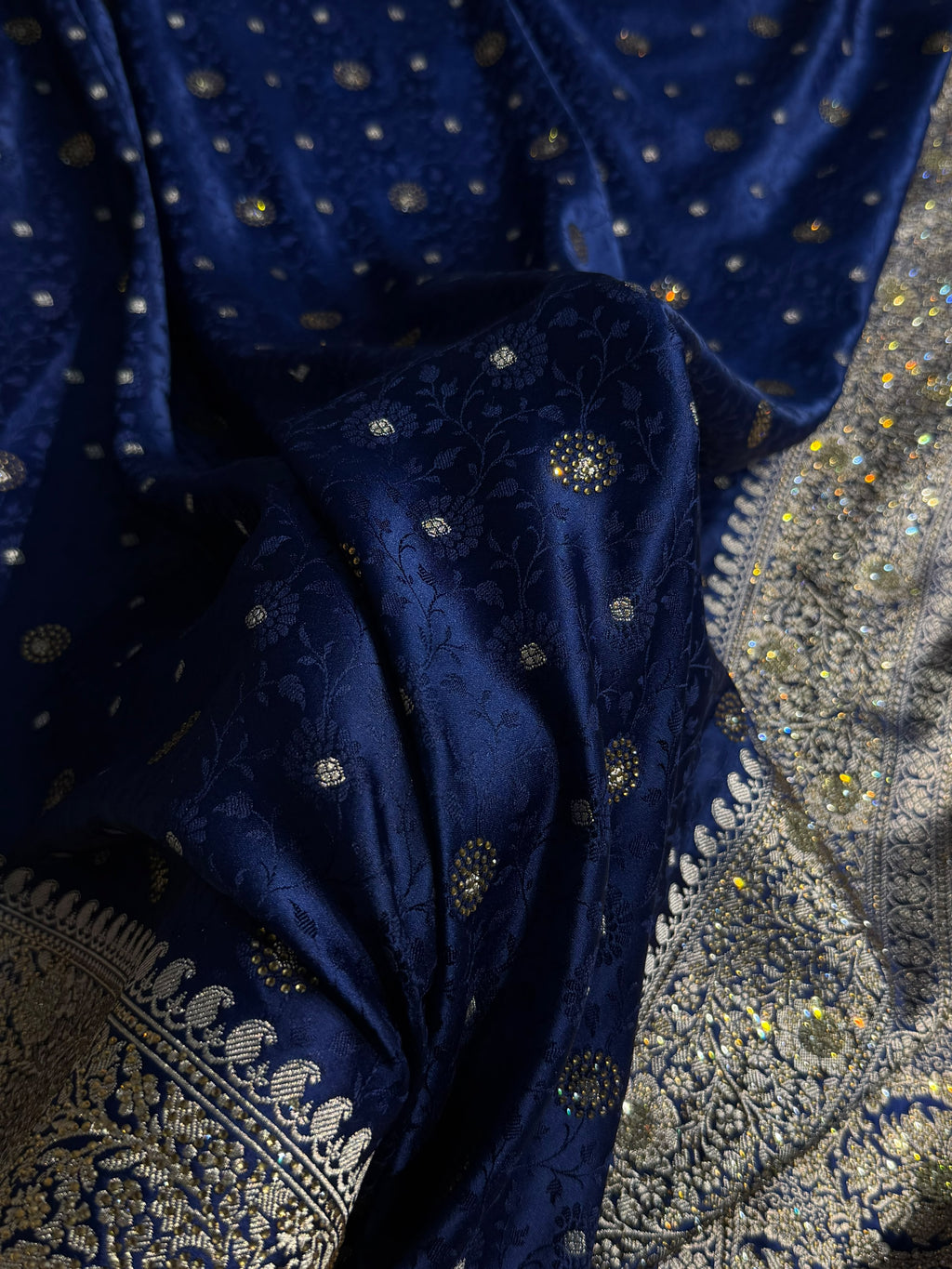 Banarasi Mashru Satin Silk Saree Tanchoi Pattern in Swarovski Work in Navy Blue Shades BMSC04