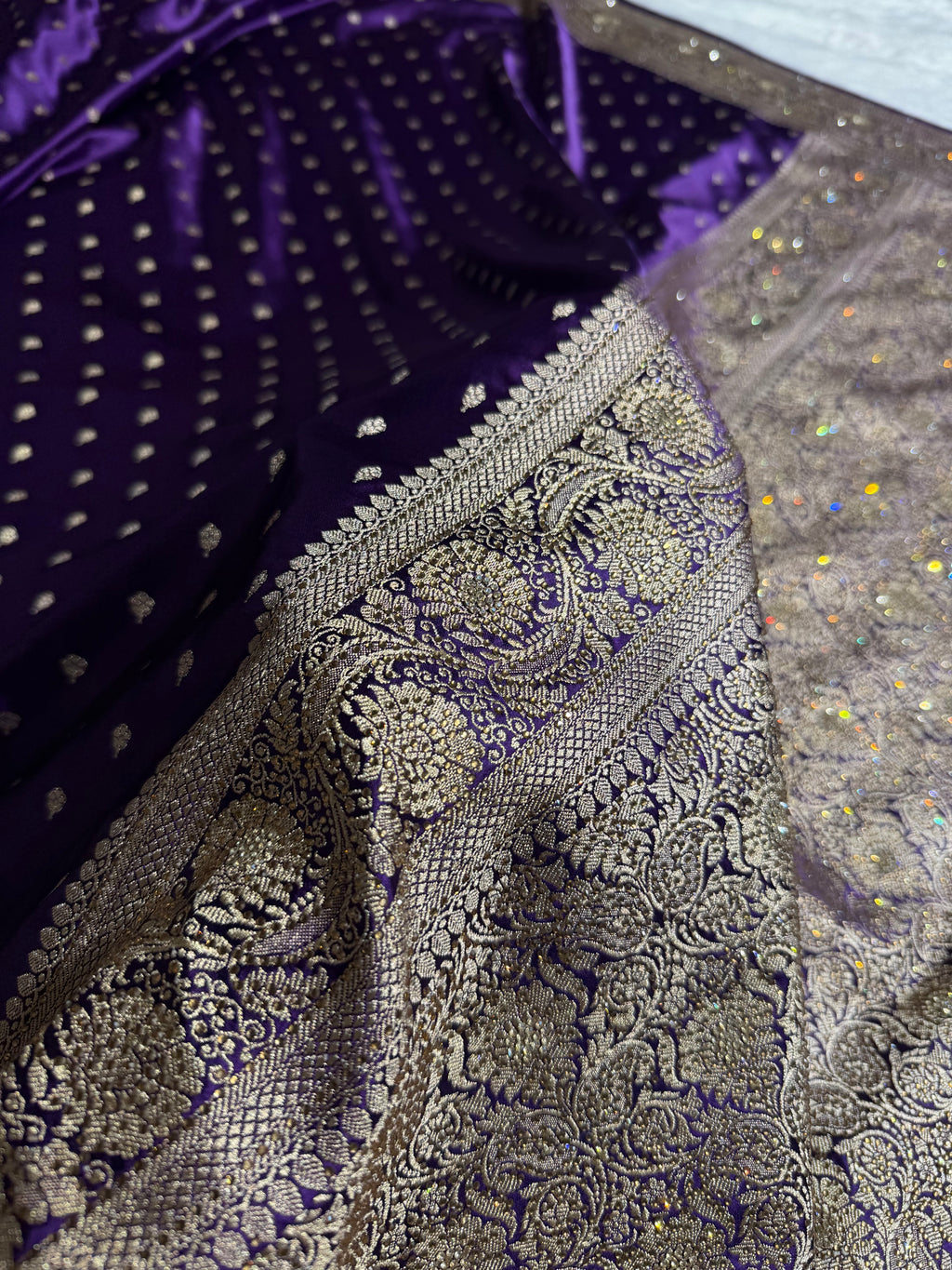 Bridal Banarasi Mashru Satin Silk Saree Booti Pattern with Swarovski Work In Purple Shades BMSC06
