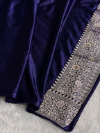 Banarasi Mashru Satin Silk Saree Tanchoi Pattern in Swarovski Work in Navy Blue Shades BMSC04