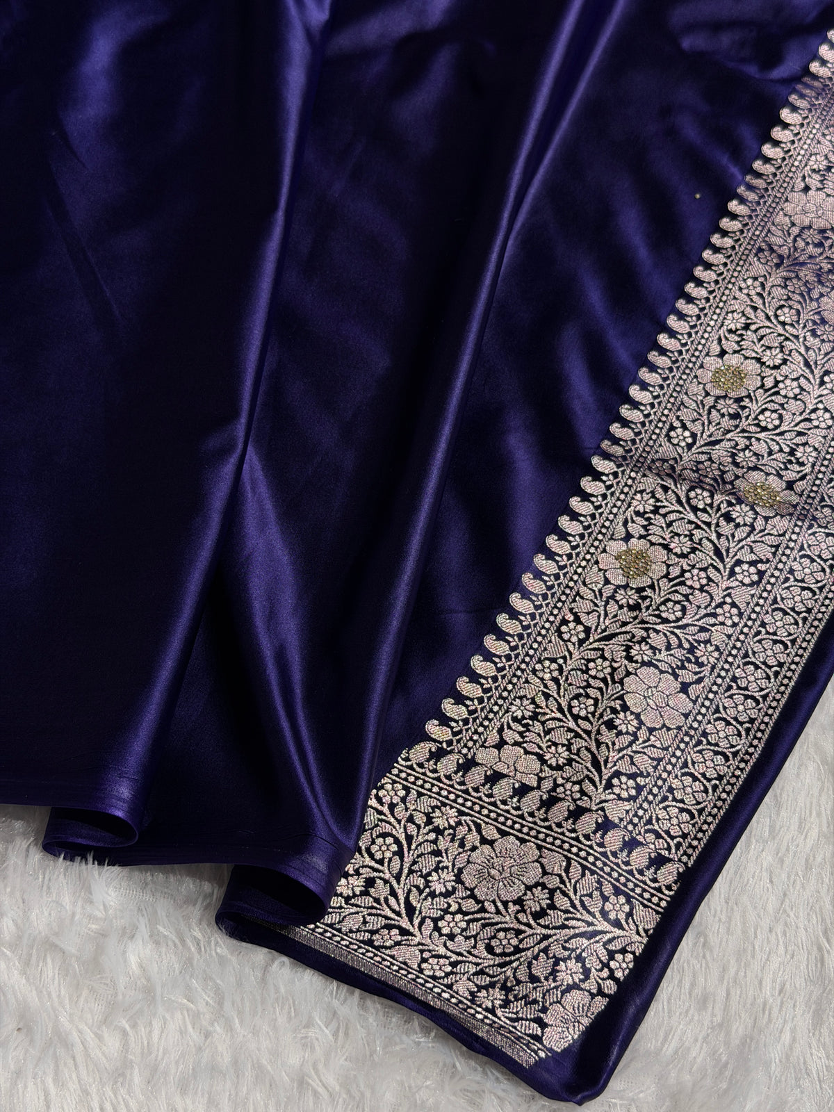 Banarasi Mashru Satin Silk Saree Tanchoi Pattern in Swarovski Work in Navy Blue Shades BMSC04