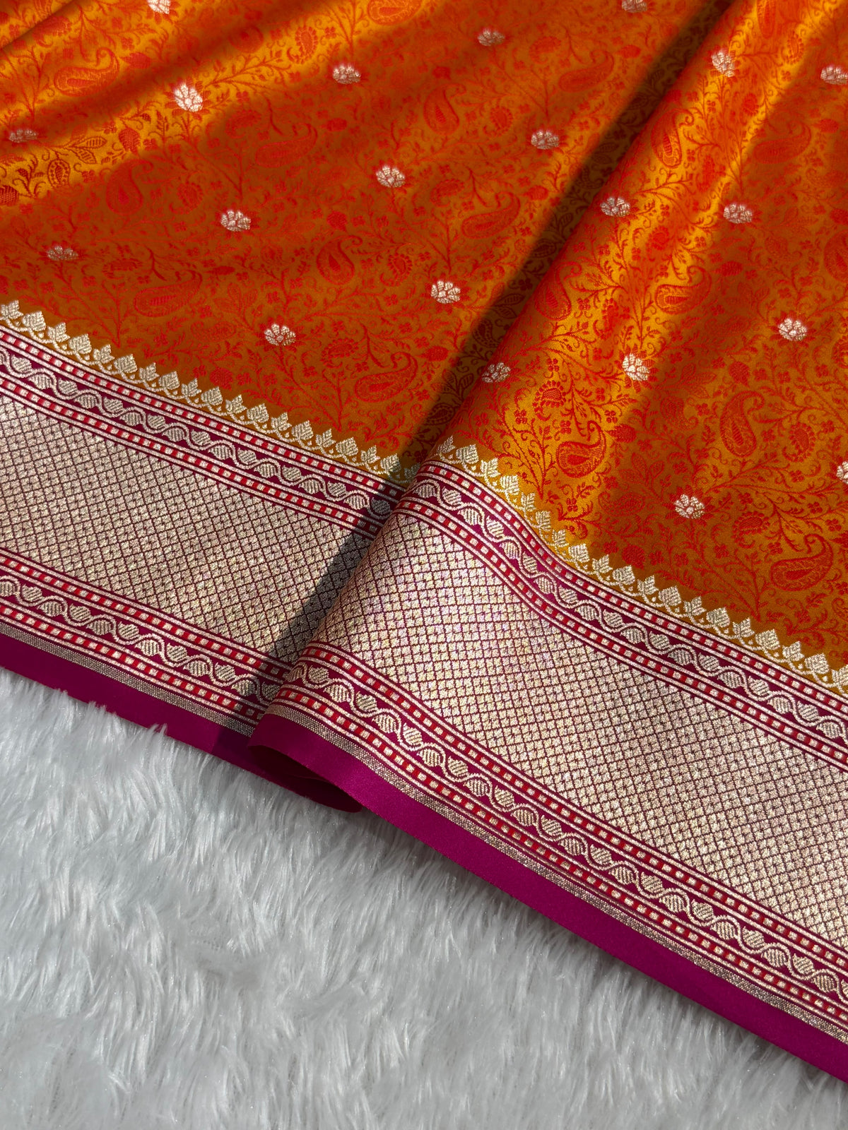 Banarasi Mashru Satin Silk Saree Tanchoi Pattern Contrast Orange with Rani Shades MSK25