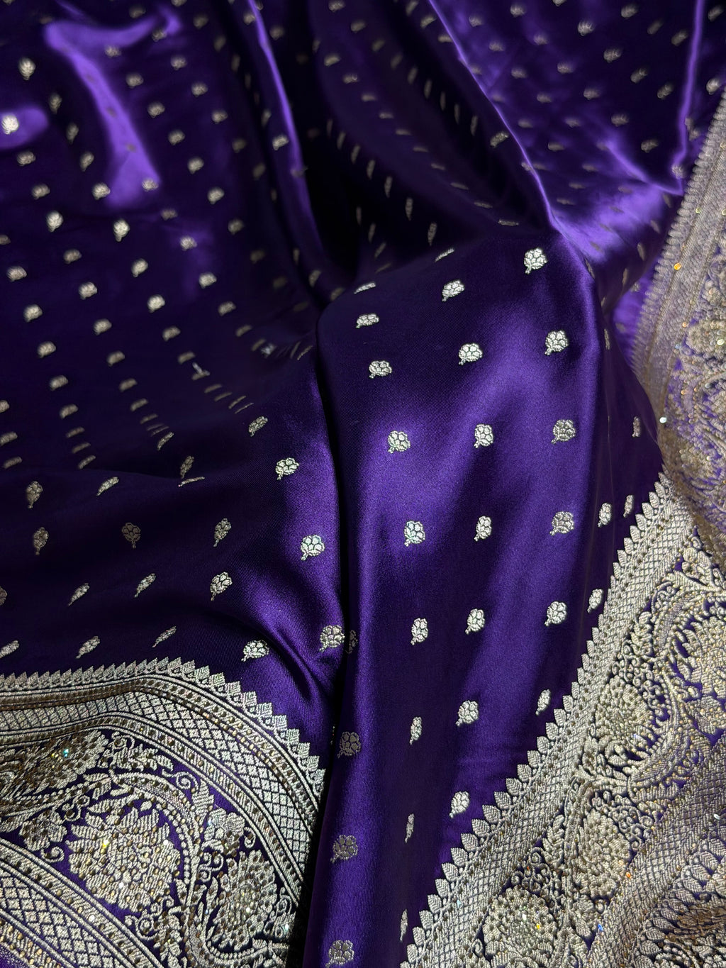 Bridal Banarasi Mashru Satin Silk Saree Booti Pattern with Swarovski Work In Purple Shades BMSC06